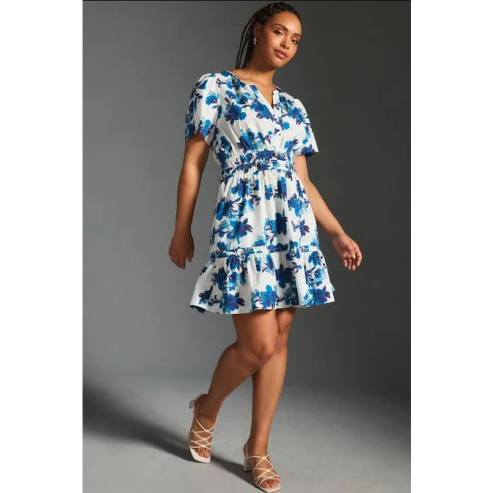 Anthropologie White Dress with Blue Floral Print